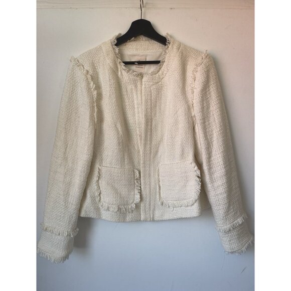Cinq à Sept Tous Les Jours Keegan Ivory Tweed Fringe Trim Jacket Size 14 Classic - Picture 6 of 11